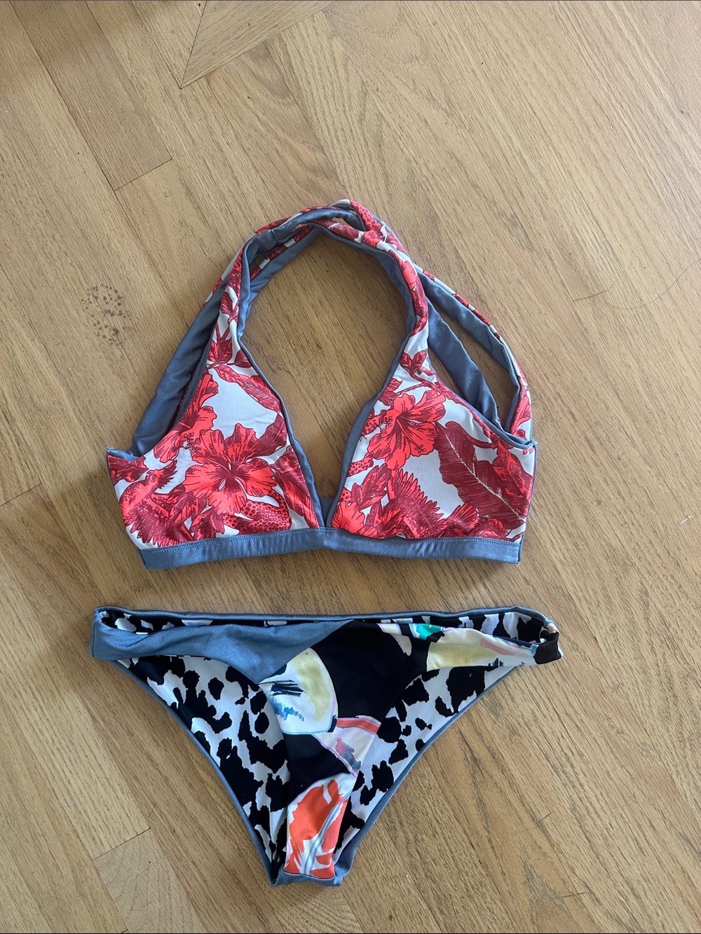 Maaji Floral Red and Gray Reversible Bikini Set